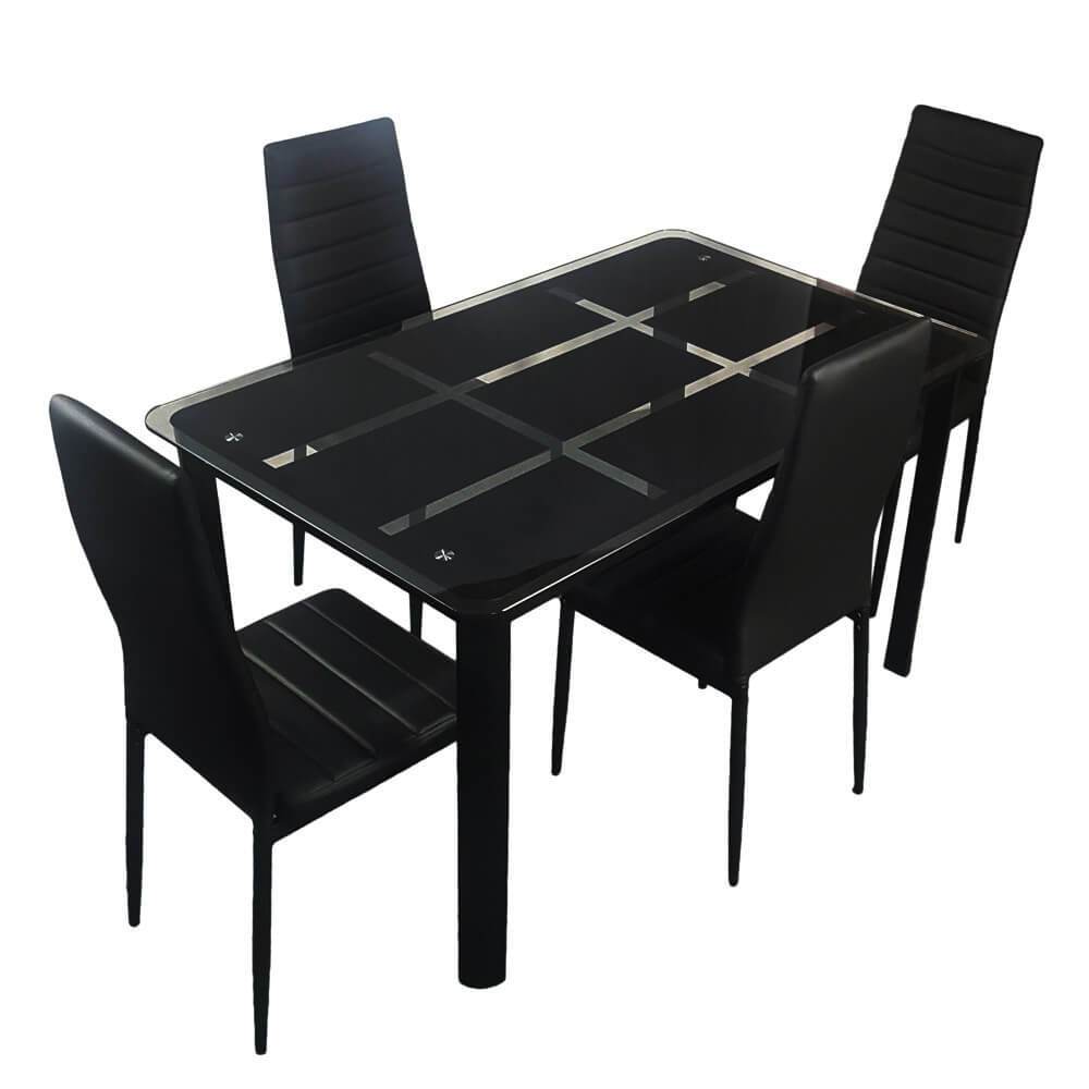 Rectangle Tempered Glass Dining Table with Nine Block Box Pattern Black