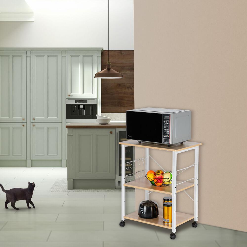 Homrest 3-Tier Kitchen Utility Microwave Oven Stand Light Beige Top White Metal Frame