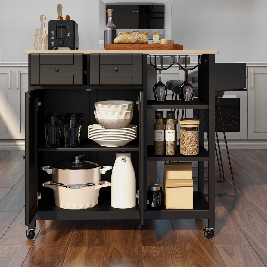 Homrest kitchen island on wheels, kitchen cart with cabinet and 3 layer shelves, black