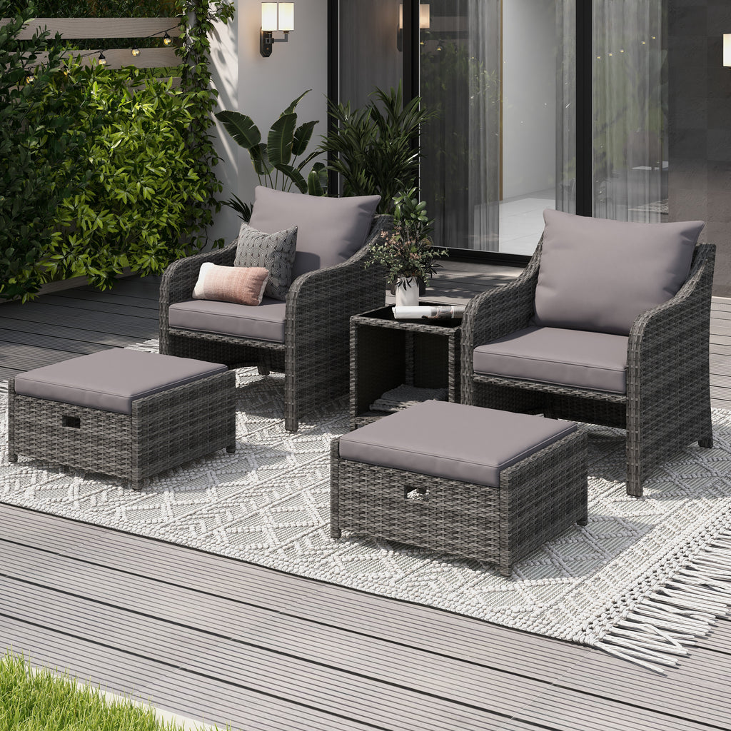 5 Pcs Patio Wicker Chair Outdoor Rattan Conversation  Set with 2 Ottomans, Grey Cushion & Glass Top Coffee Table