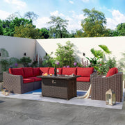 Homrest 6 pcs outdoor sectional sofa with patio fire pit table and coffee table, wine red