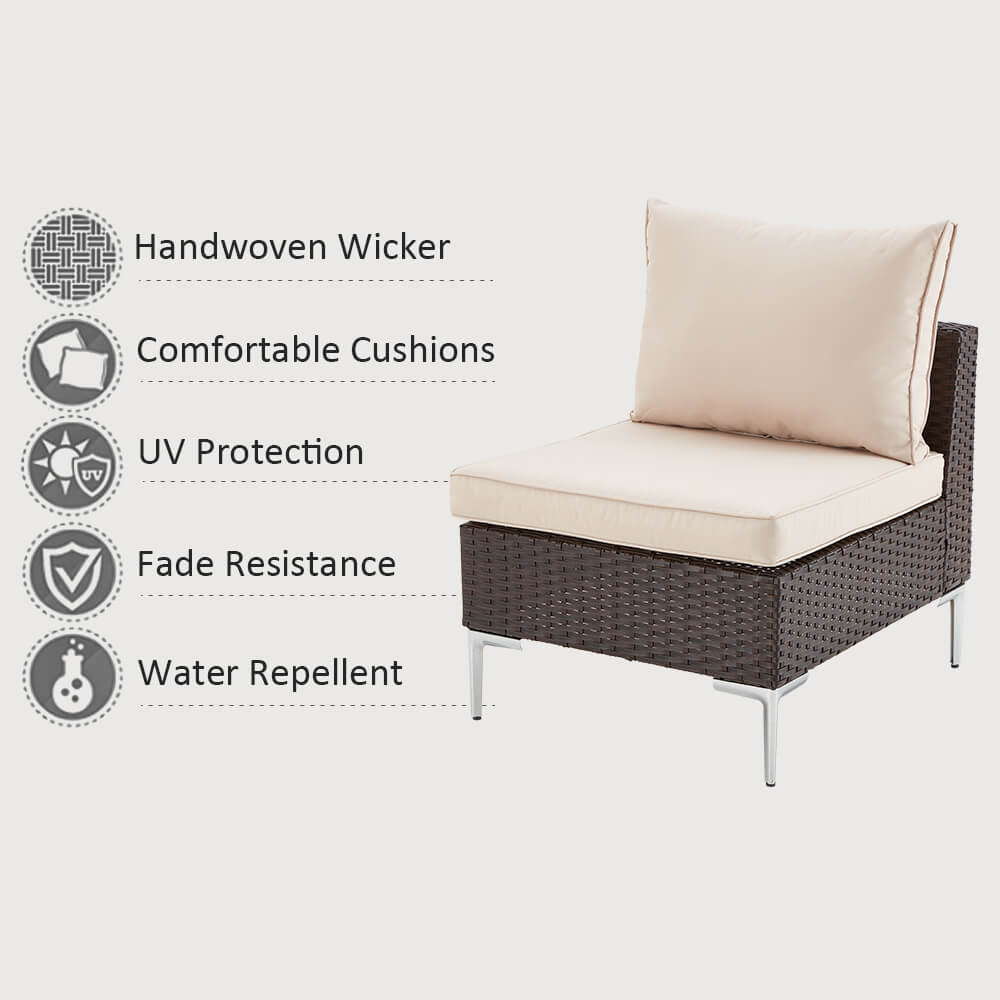7 Pcs patio conversation set with handwoven wicker, comfortable cushions, uv protection, fade resistance and water repellent.