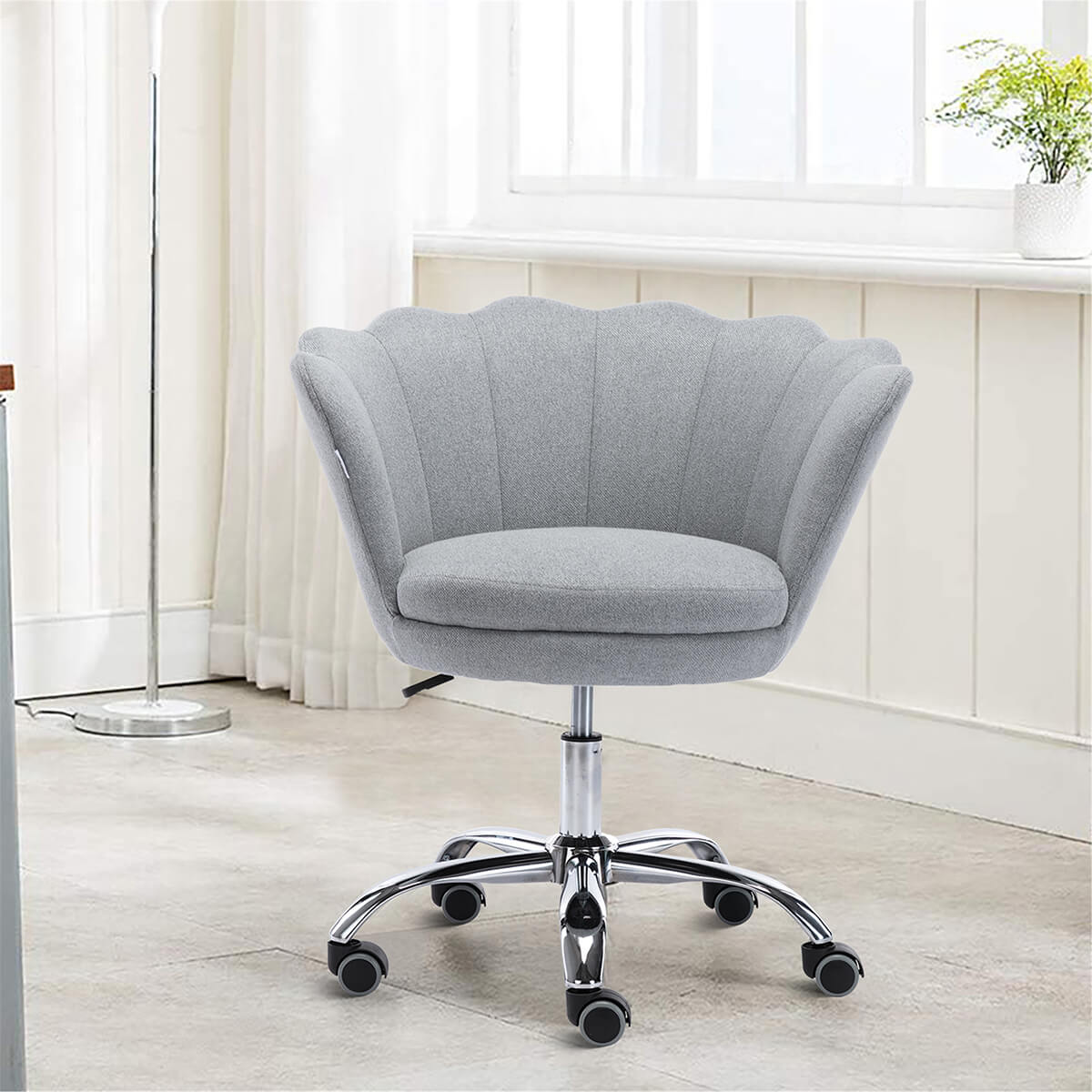 Modern Home Office Chair, Cute Velvet Upholstered Shell Chair Adjustable Swivel Vanity Chair for Women, Light Gray