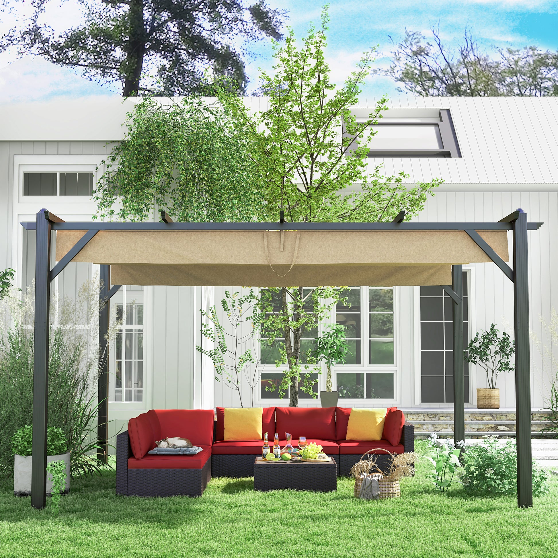 Homrest 13' X 10' Retractable Pergola, Patio Gazebo Grape Trellis with Removable Sun Shade Canopy（Khaki）
