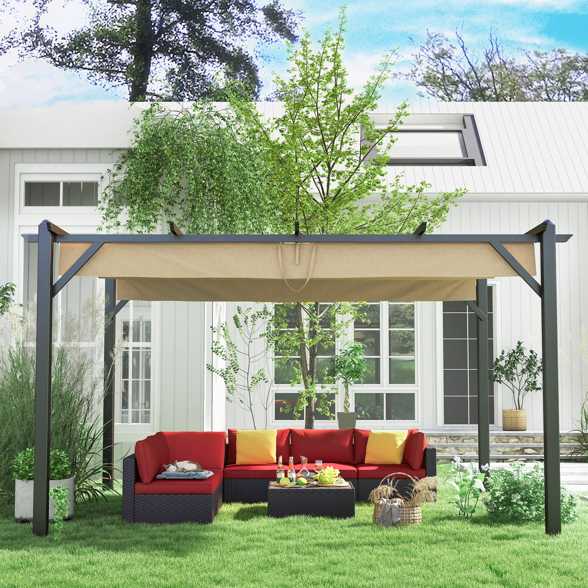 Homrest 13' X 10' Retractable Pergola, Patio Gazebo Grape Trellis with Removable Sun Shade Canopy（Khaki）