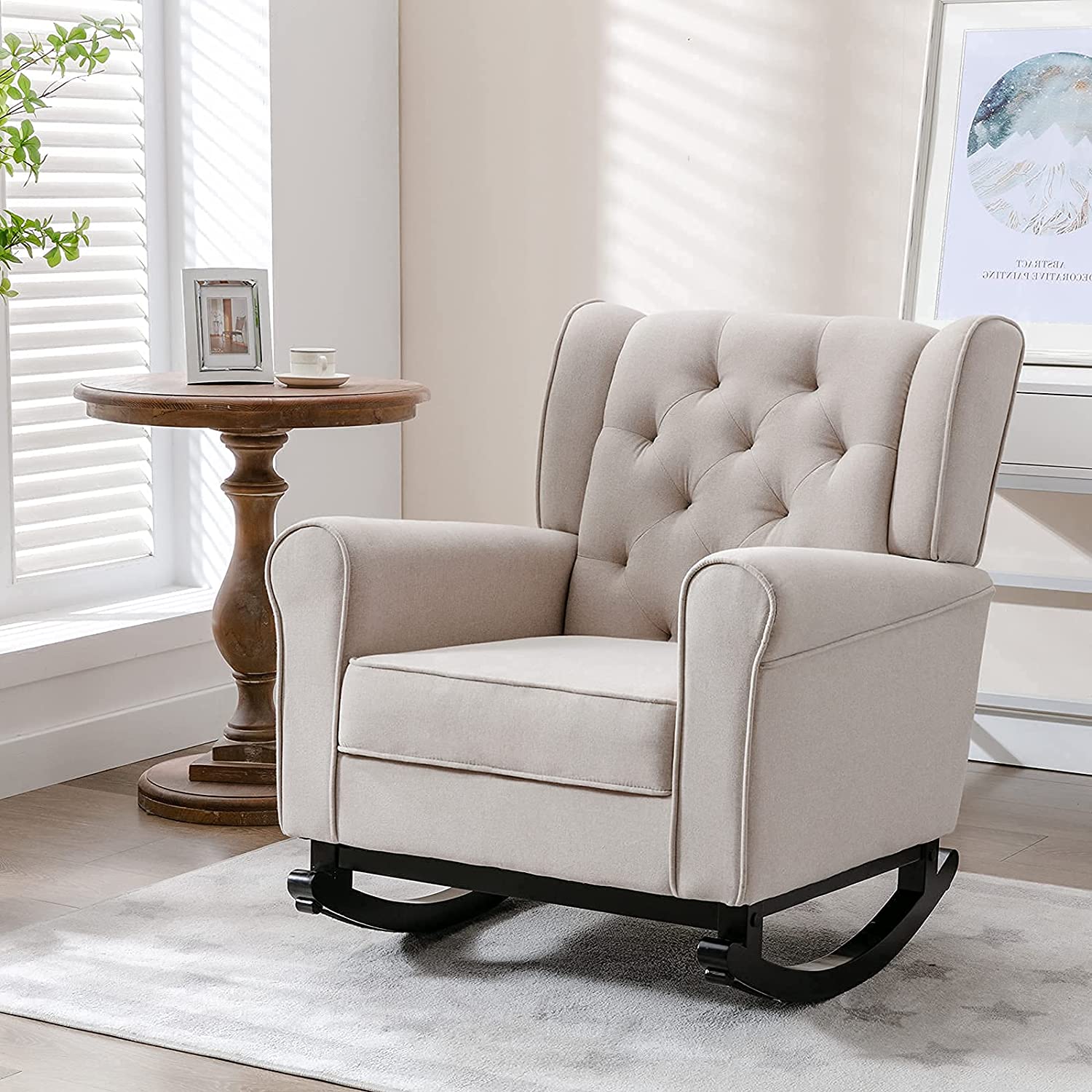 Homrest mid century modern rocking chair with high back, beige