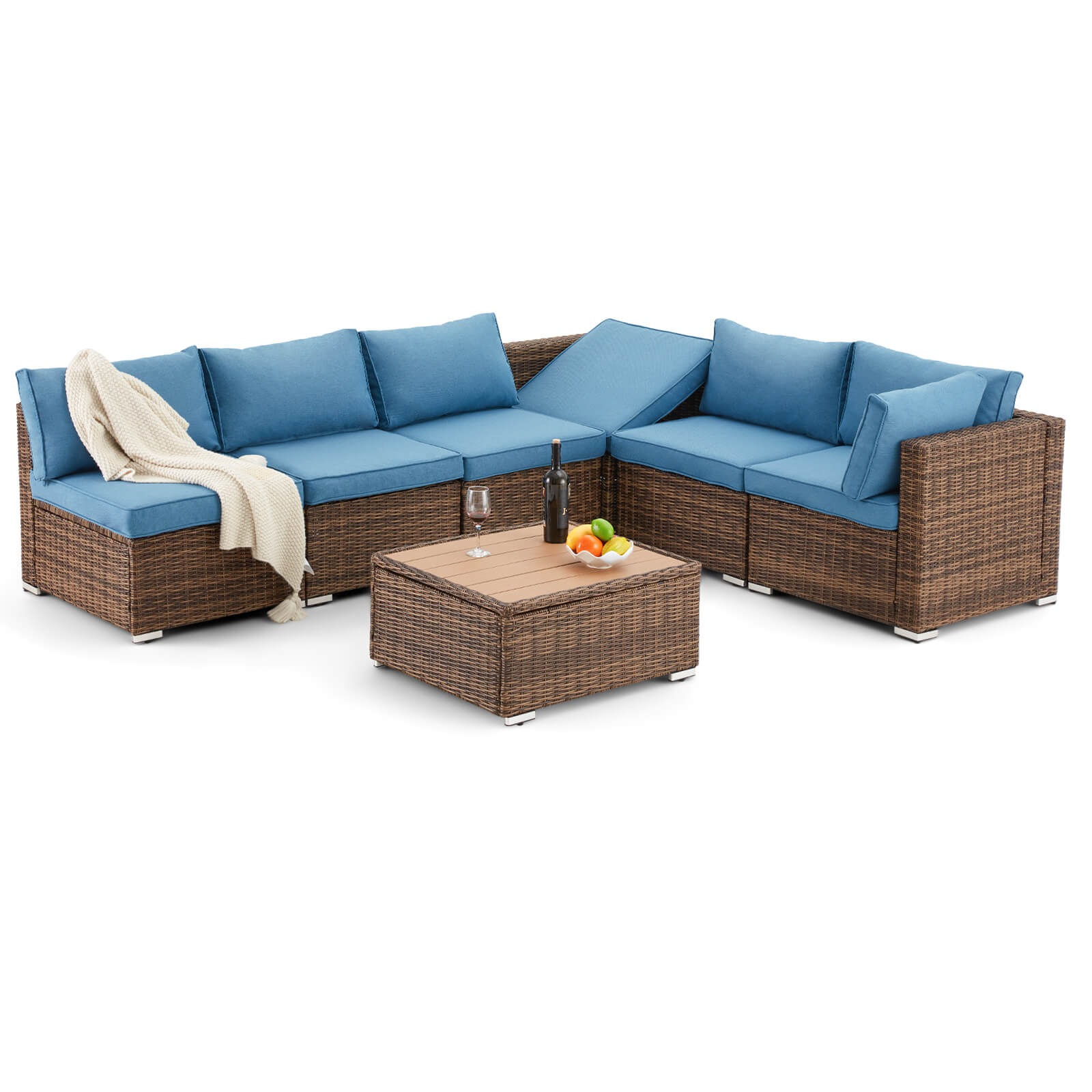 Homrest 7 pieces patio conversation set with blue cushions and coffee table