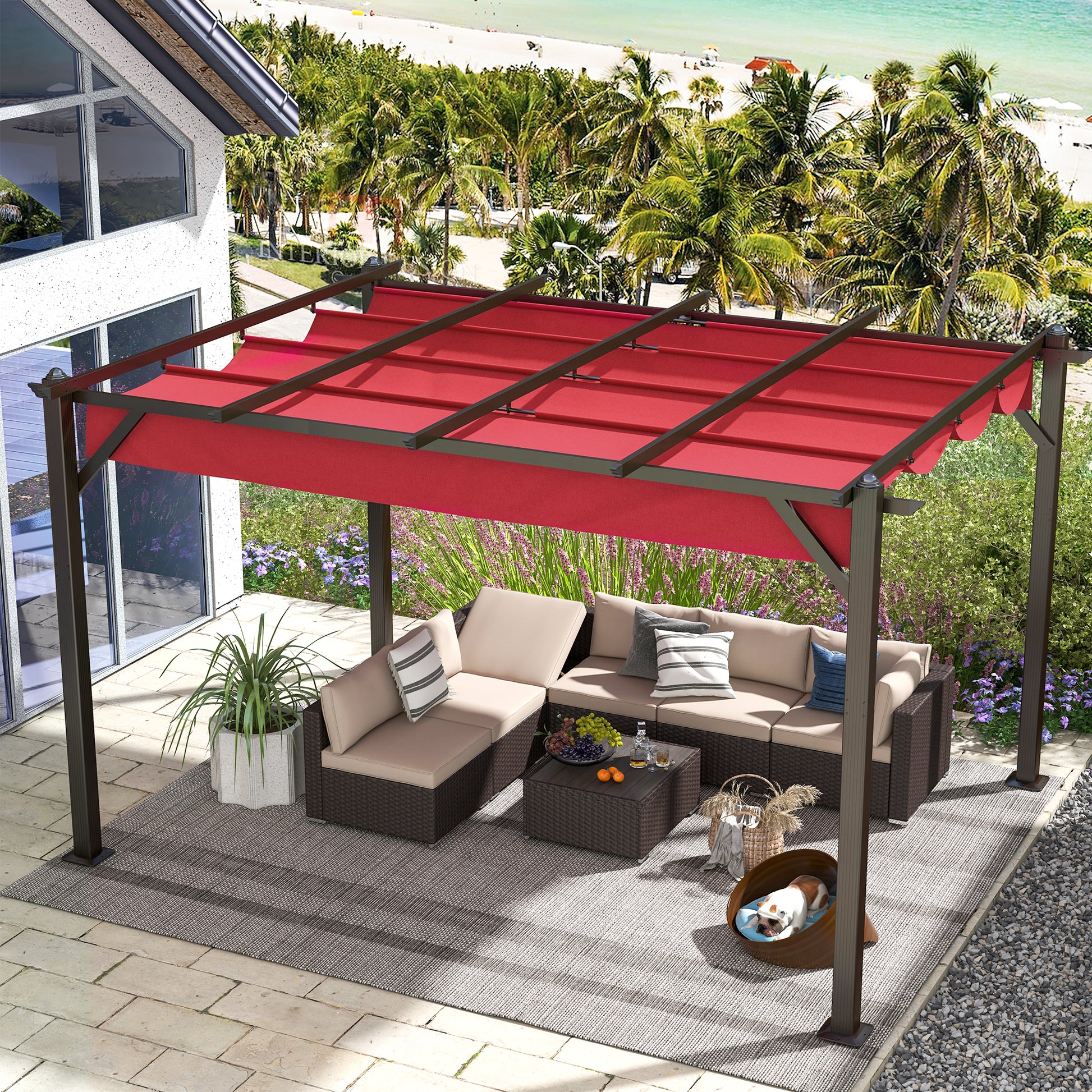  Homrest 13' X 10' Retractable Pergola, Patio Gazebo Grape Trellis with Removable Sun Shade Canopy（Wine Red）