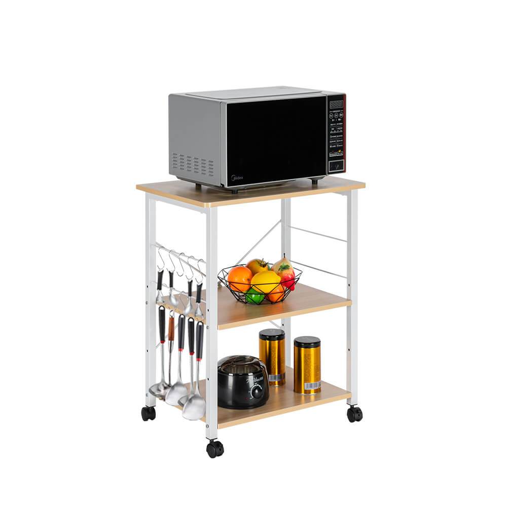 Homrest 3-Tier Kitchen Utility Microwave Oven Stand Light Beige Top White Metal Frame