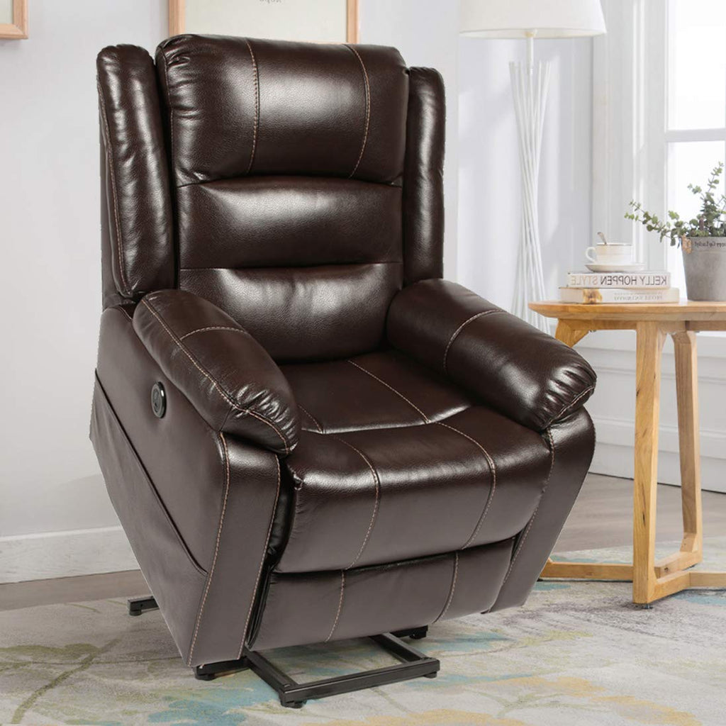 Power Lift Reclienr Faux Leather Electric Lift Recliner Chair for Elderly, Heated Vibration Massage Recliner with Side Pockets, USB Charge Port & Remote Control, Dark Brown