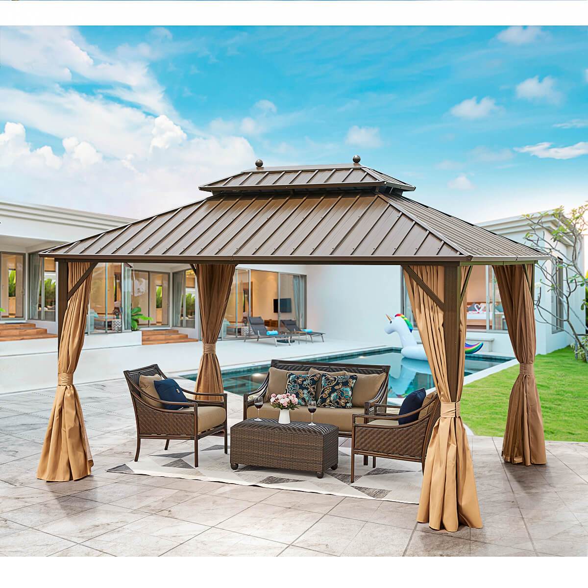 Homrest 0'x13' Hardtop Gazebo Galvanized Steel Gazebos with Netting & Curtain