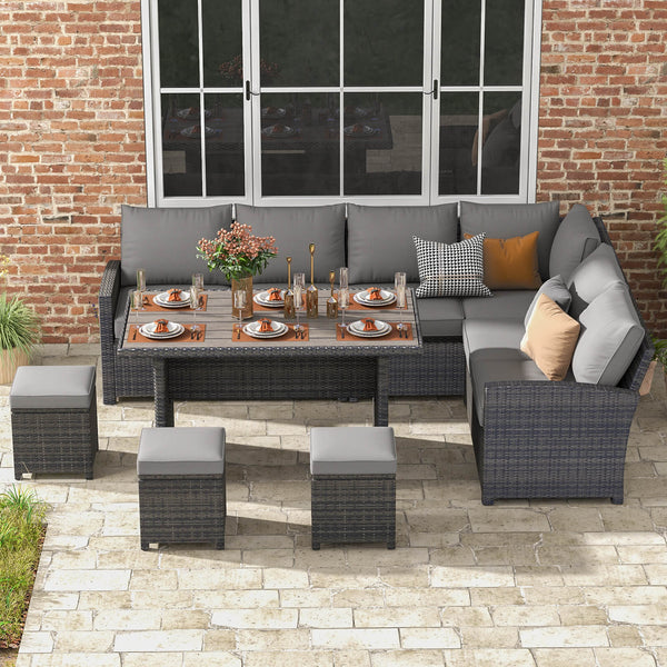 7 Pieces Patio Furniture Set, Outdoor Sectional Dining Set with Table & 3 Ottomans(Grey) | Homrest