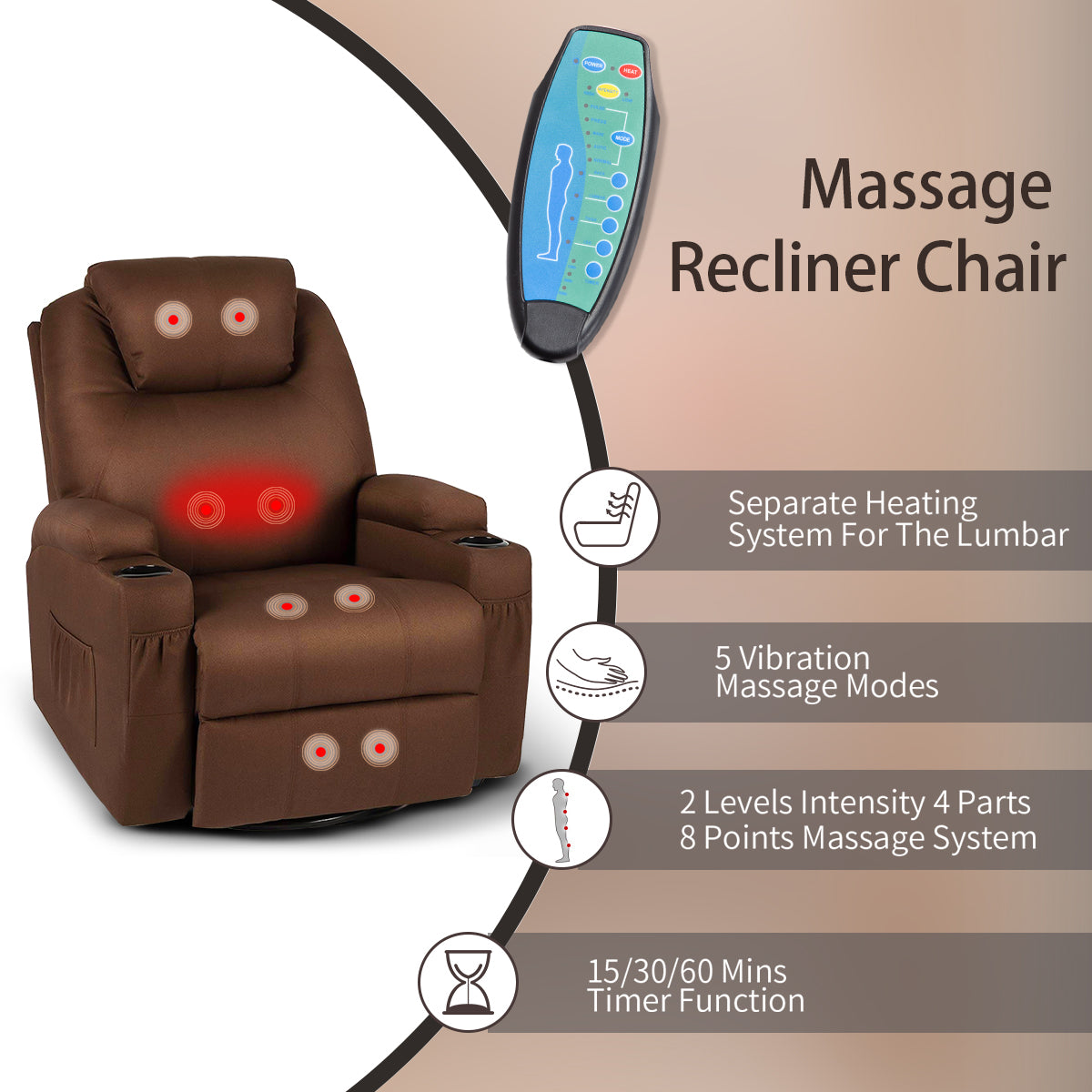 Massage Recliner Fabric Ergonomic Lounge Heated Chair