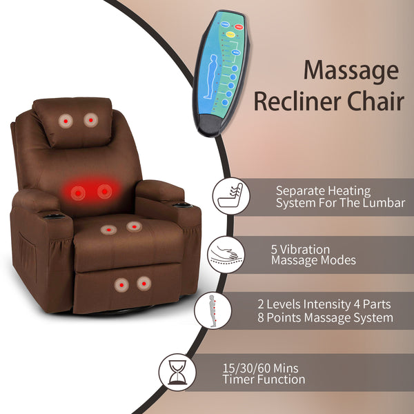 Massage Recliner Chair Fabric Heated Rocker Recliner with Remote Control, Coffee
