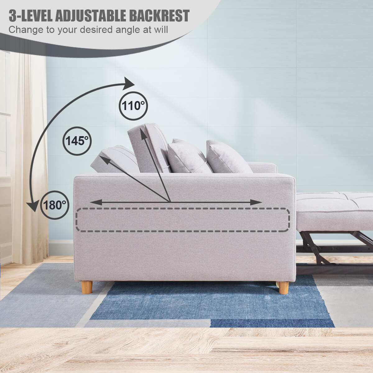 Homrest Sofa Bed 3-in-1 Convertible Chair Multi-Functional Sofa Bed Adjustable Recliner for Living Room (Light Grey)