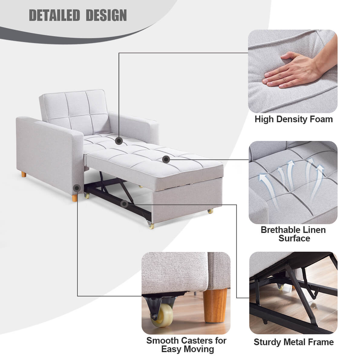Homrest Sofa Bed 3-in-1 Convertible Chair Multi-Functional Sofa Bed Adjustable Recliner for Living Room (Light Grey)