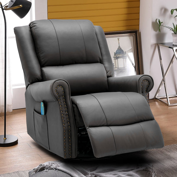 Massage Recliner Chair 360°Swivel Heated , Faux Leather Ergonomic Recling Sofa with Rivet Decoration, Dark Gray