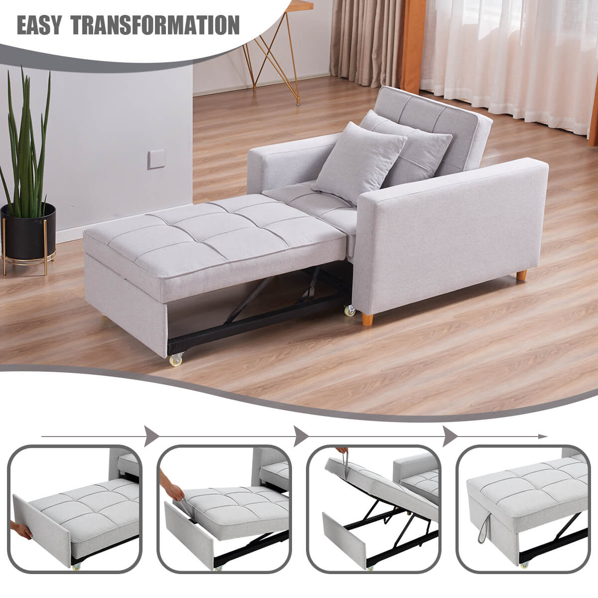 Homrest Sofa Bed 3-in-1 Convertible Chair Multi-Functional Adjustable Recliner, Sofa, Bed(Light Gray)