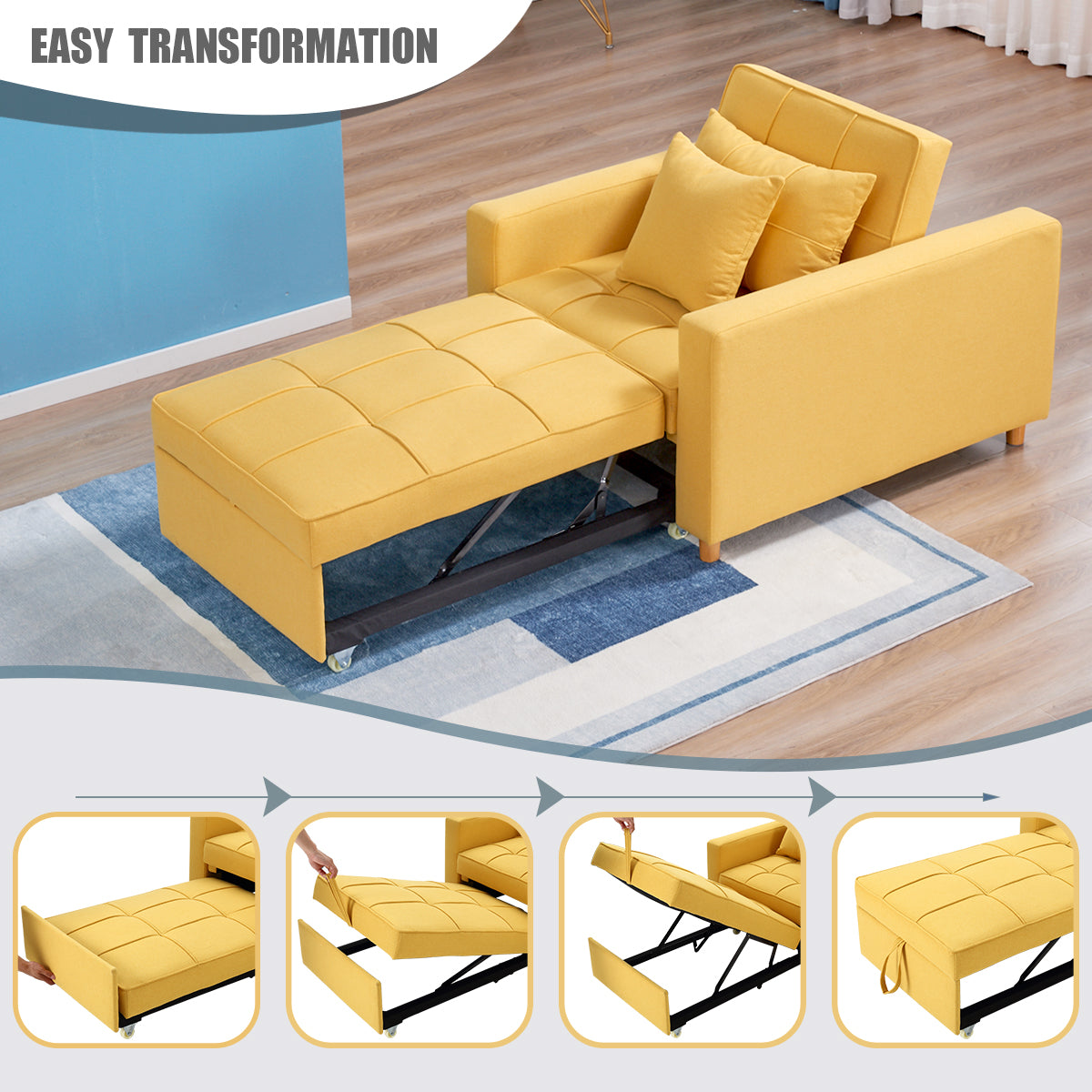 Homrest convertible chair for living room, yellow