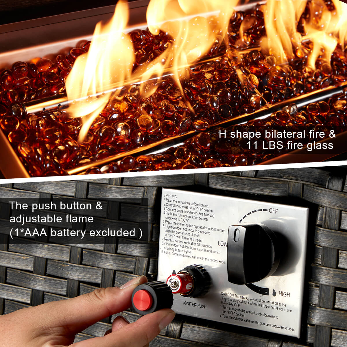 44" Outdoor Propane Gas Fire Pit Table 50000 BTU Auto-Ignition w/ Glass Stone, Black