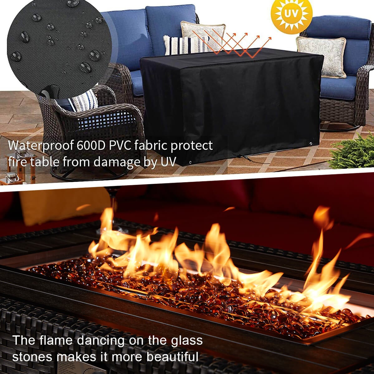 44" Patio Propane Gas Fire Pit Table 50000 BTU Auto-Ignition w/ Glass Stone, Black