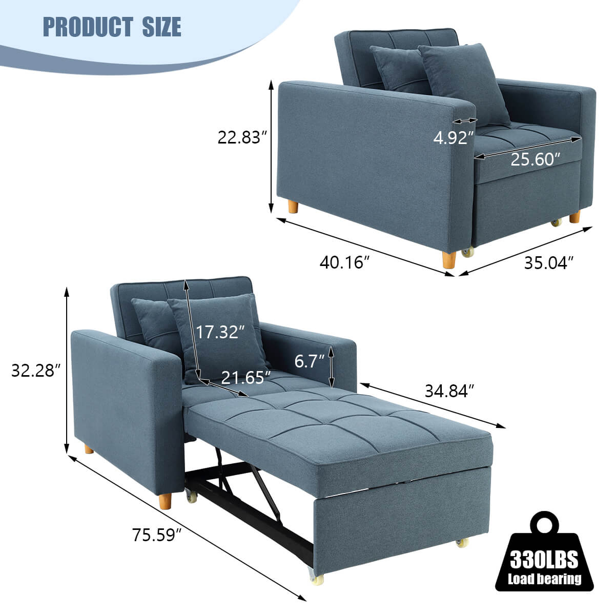  Product dimensions of Homrest convertible sofa bed