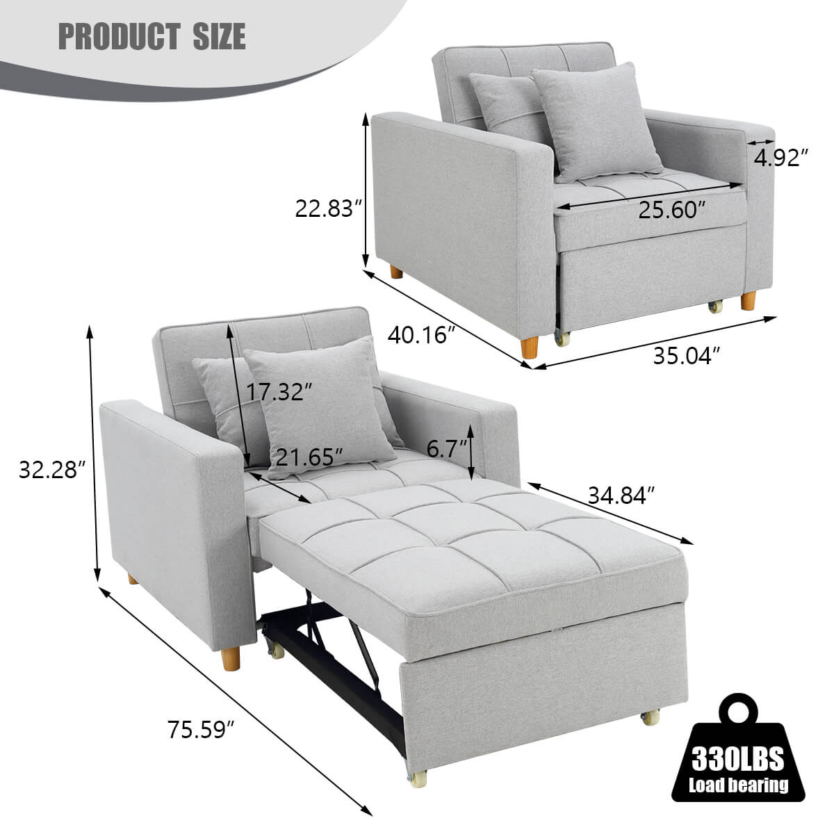 Homrest Sofa Bed 3-in-1 Convertible Chair Multi-Functional Adjustable Recliner, Sofa, Bed(Light Gray)