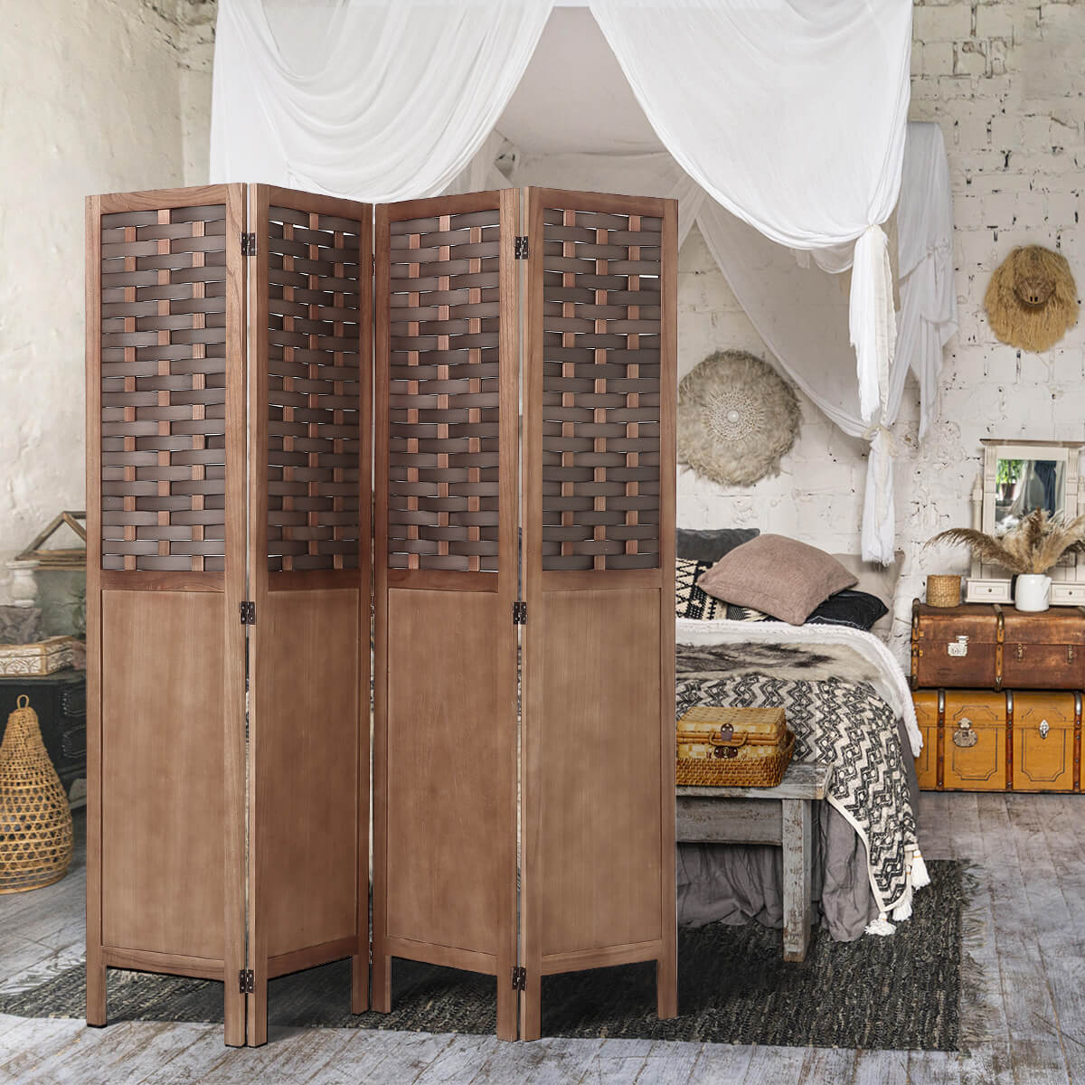 Homrest 4 Panels Wood Room Divider 5.6ft Folding Privacy Screens with Hand-Woven Wicker Rattan, Brown