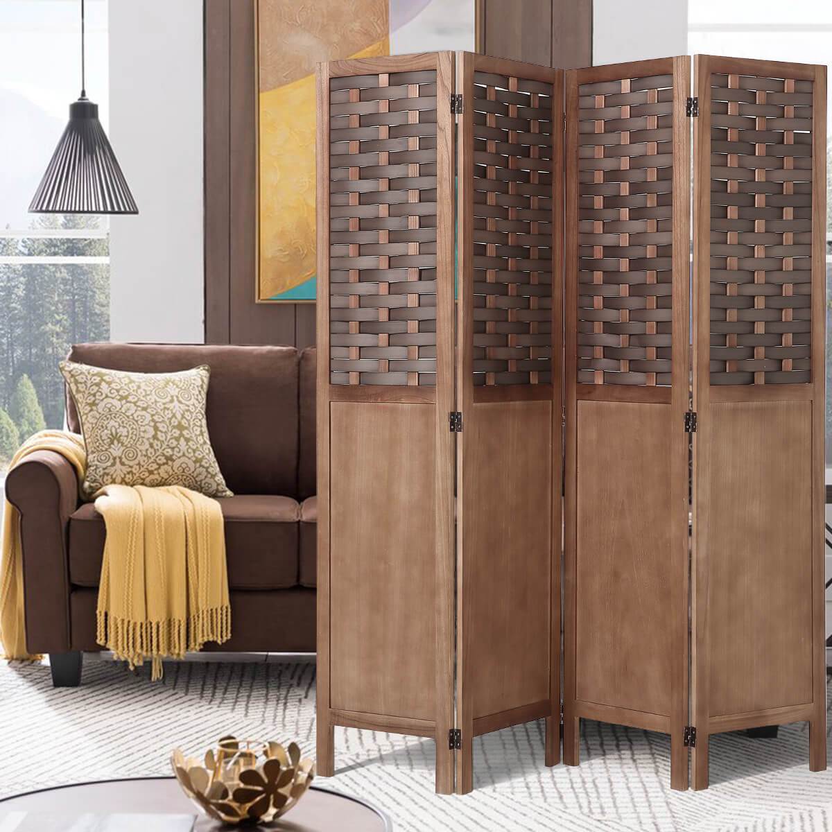 Homrest 4 Panels Wood Room Divider 5.6ft Folding Privacy Screens with Hand-Woven Wicker Rattan, Brown