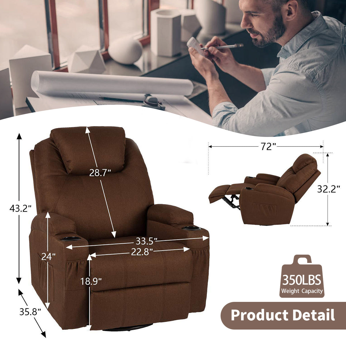 Massage Recliner Fabric Ergonomic Lounge Heated Chair