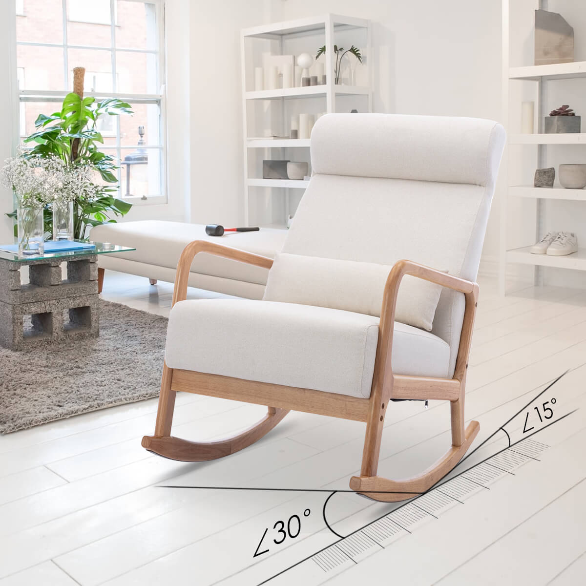 Mid-Century Upholstered Rocking Chair with Thick Padded Cushion & Pillow, Glider Rocker Chair for Living Room