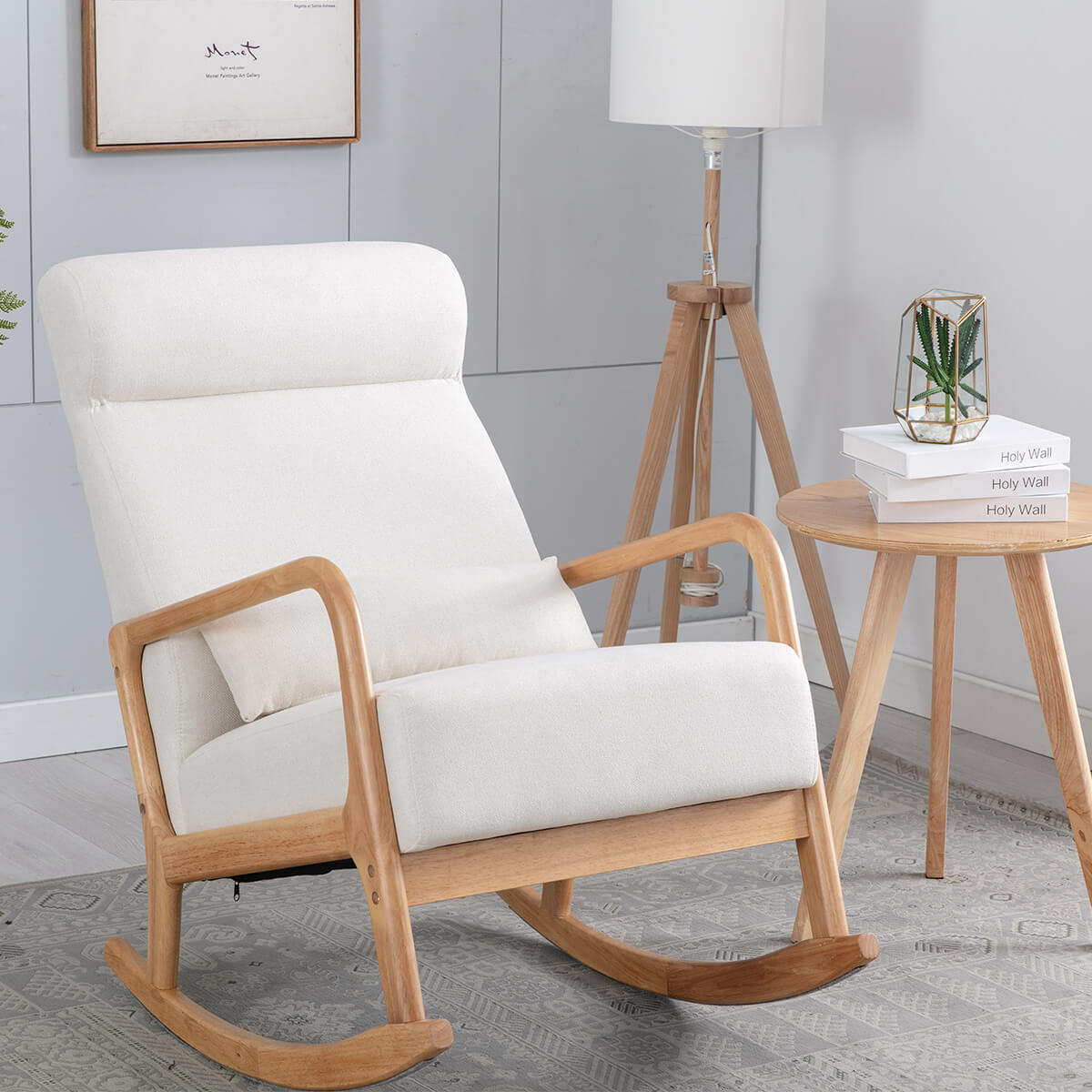 Mid-Century Upholstered Rocking Chair with Thick Padded Cushion & Pillow, Glider Rocker Chair for Living Room