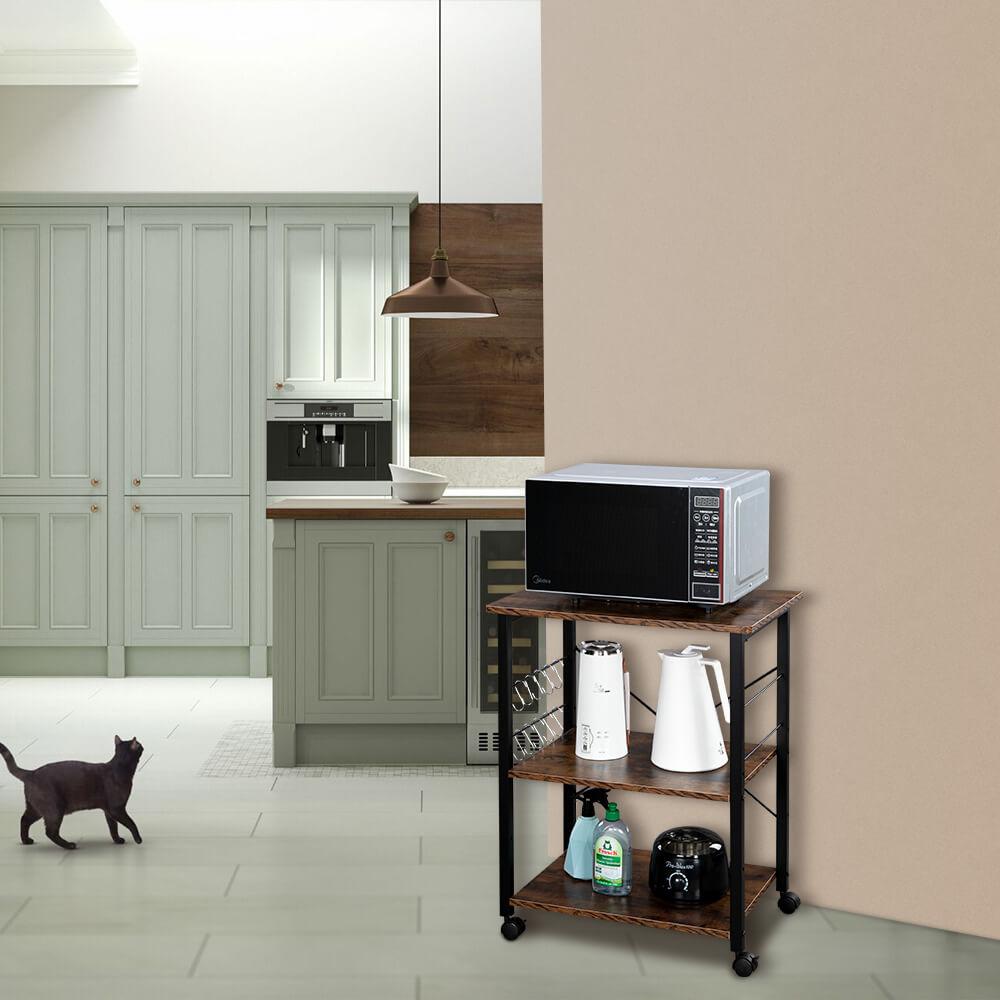 Homrest 3-Tier Kitchen Utility Microwave Oven Stand Vintage Board Top Black Metal Frame