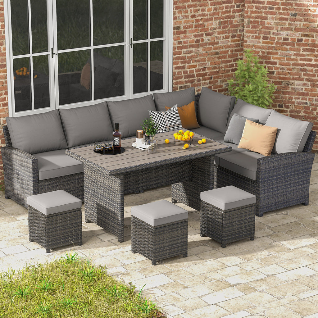 7 Pieces Patio Furniture Set, Outdoor Sectional Dining Set with Table & 3 Ottomans(Grey)