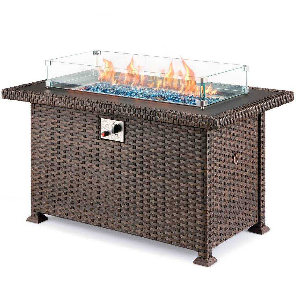 50" Propane Gas Fire Pit Table 50000 BTU Auto-Ignition with Windguard, Glass Stone, Waterproof Cover,Brown