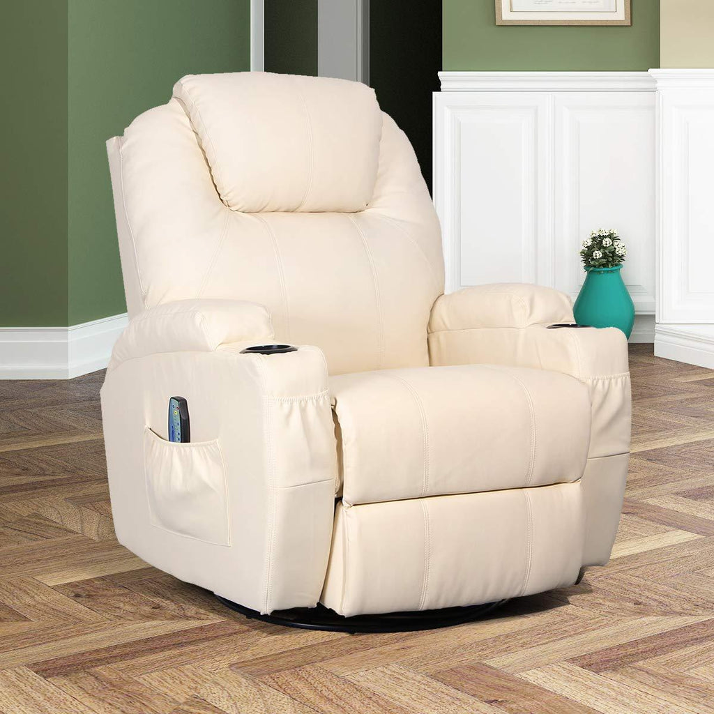 Massage Recliner Chair, Heated PU Leather Rocker Recliner with 360 Degrees Swivel, Cup Holder and Remote Control, Cream