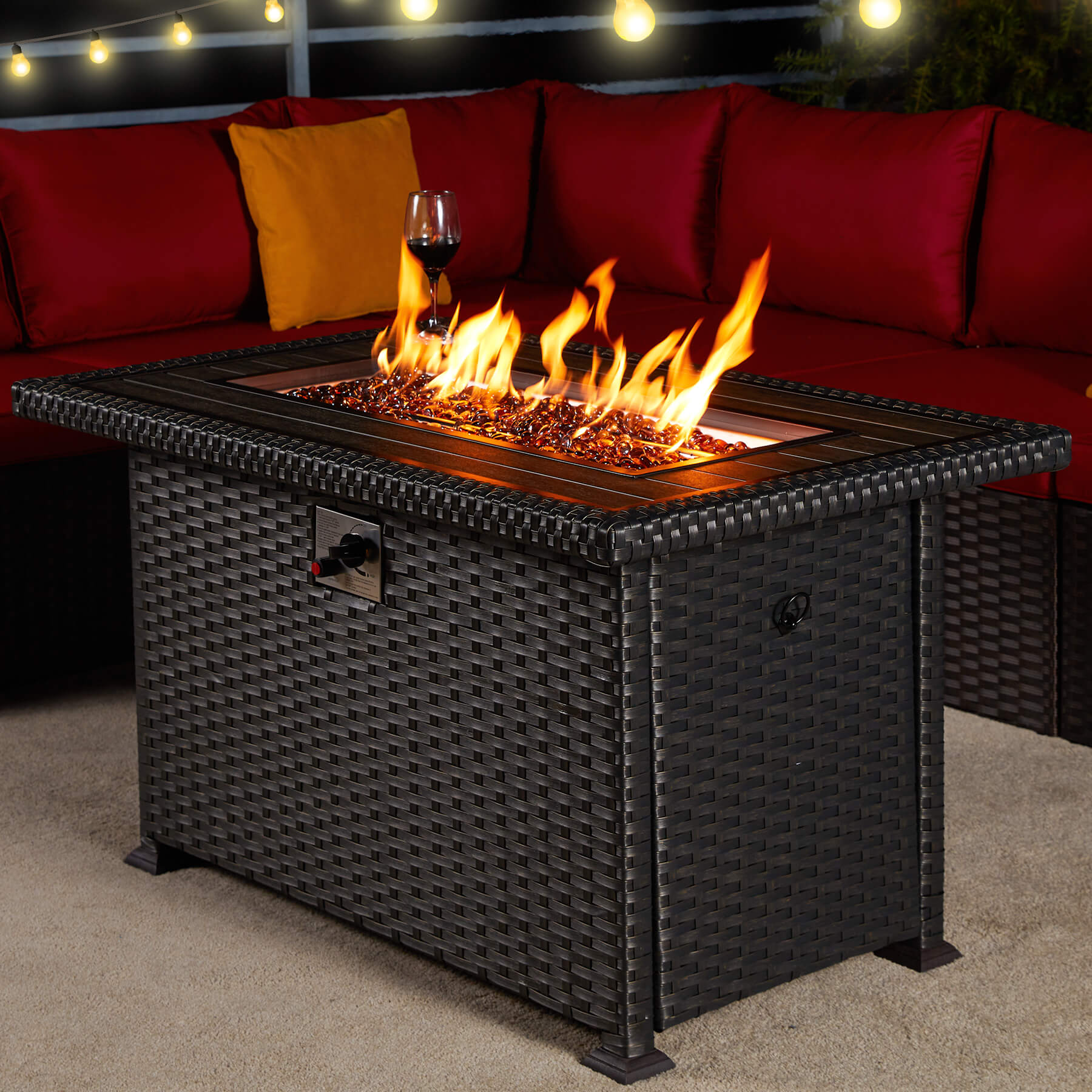 44" Outdoor Propane Gas Fire Pit Table 50000 BTU Auto-Ignition w/ Glass Stone, Black