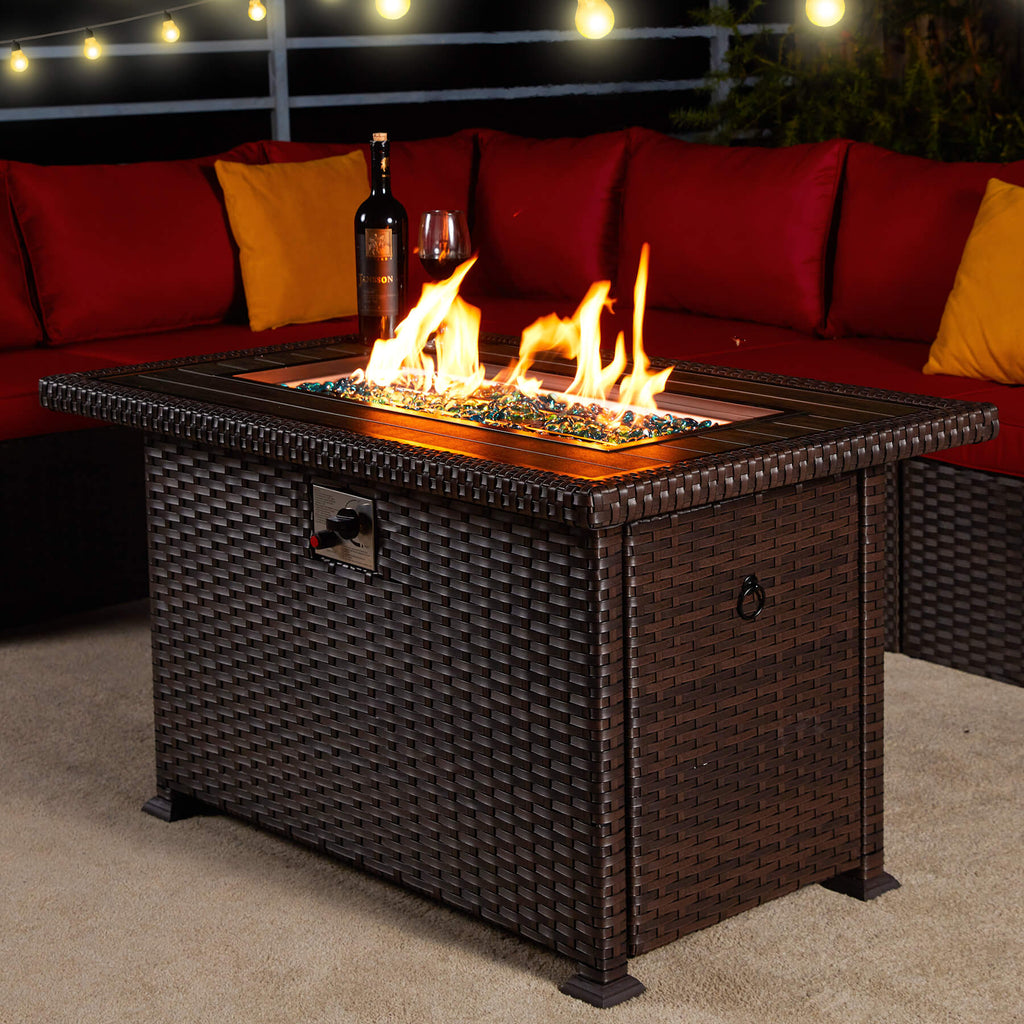 44" Propane Gas Fire Pit Table 50000 BTU Auto-Ignition w/ Glass Stone, Waterproof Cover, Brown