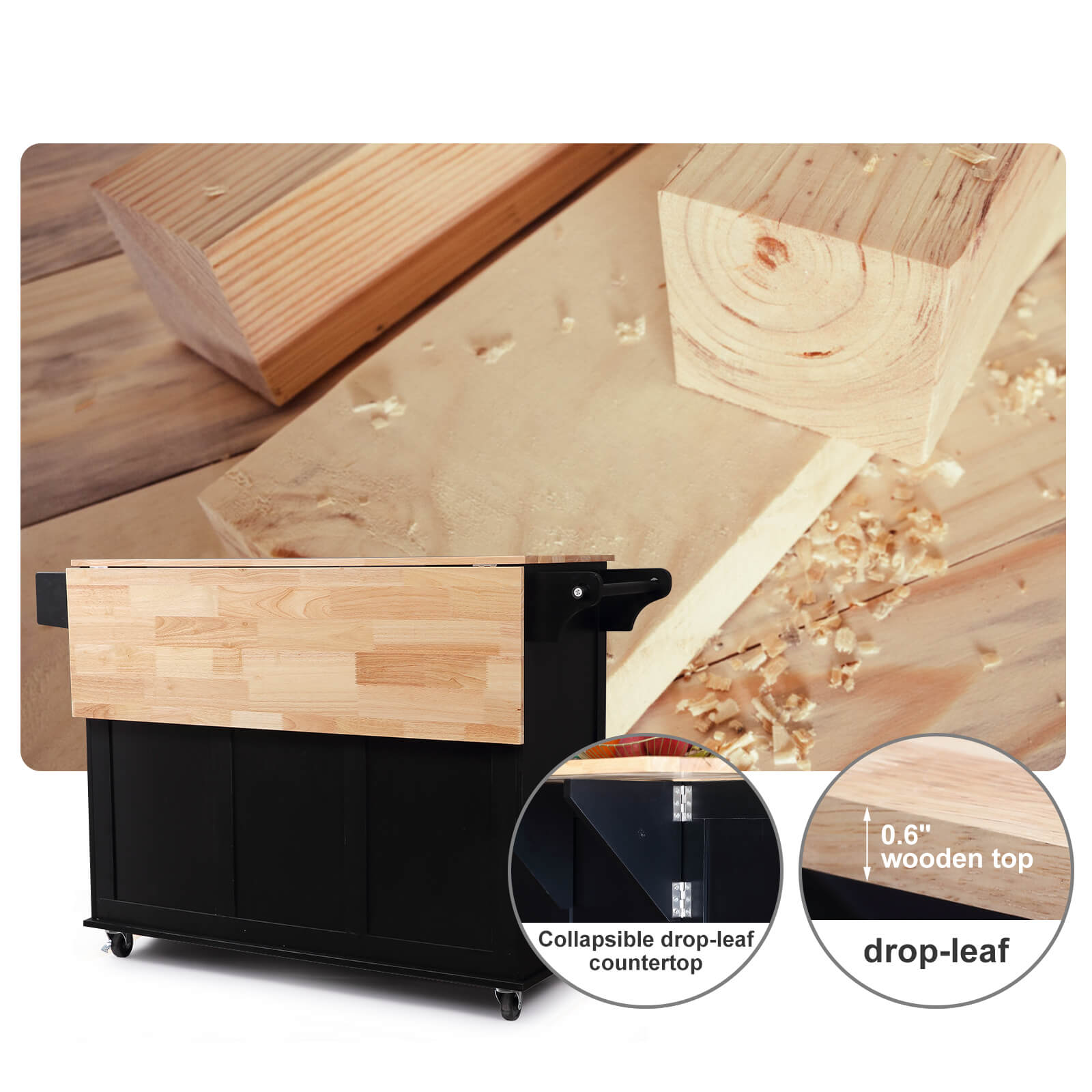 Homrest kitchen island rolling mobile island with collapsible drop-leaf countertop