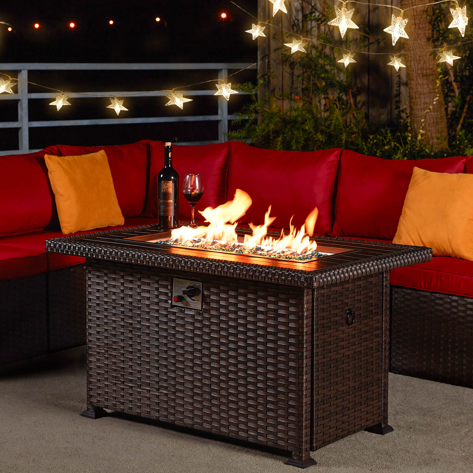 Homrest 44'' outdoor propane gas fire pit table with wind guard and aluminum tabletop, brown