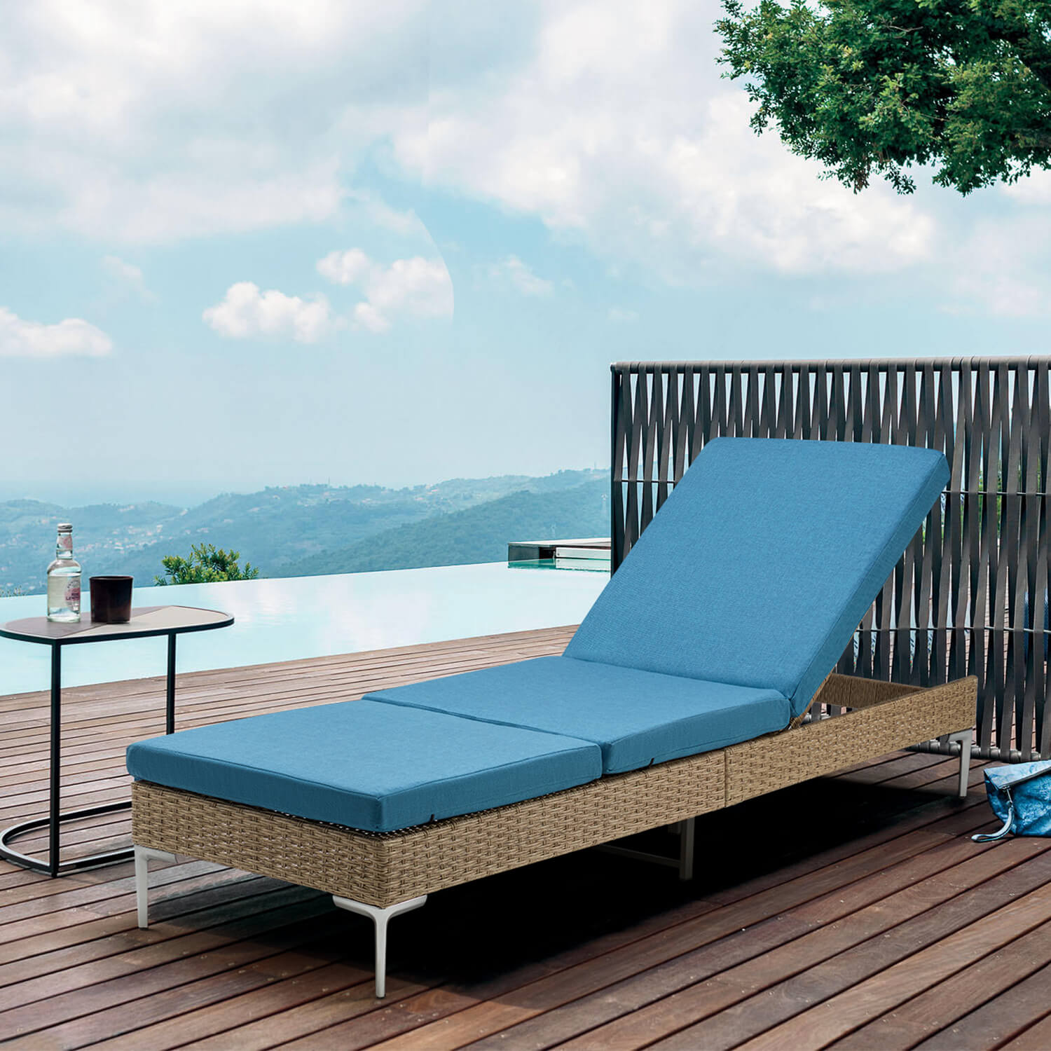 Homrest Patio Rattan Chaise Lounge Chair Outdoor Wicker Recliner Thickened Cushion Stepless Adjustable with Gas Cylinder (Blue)
