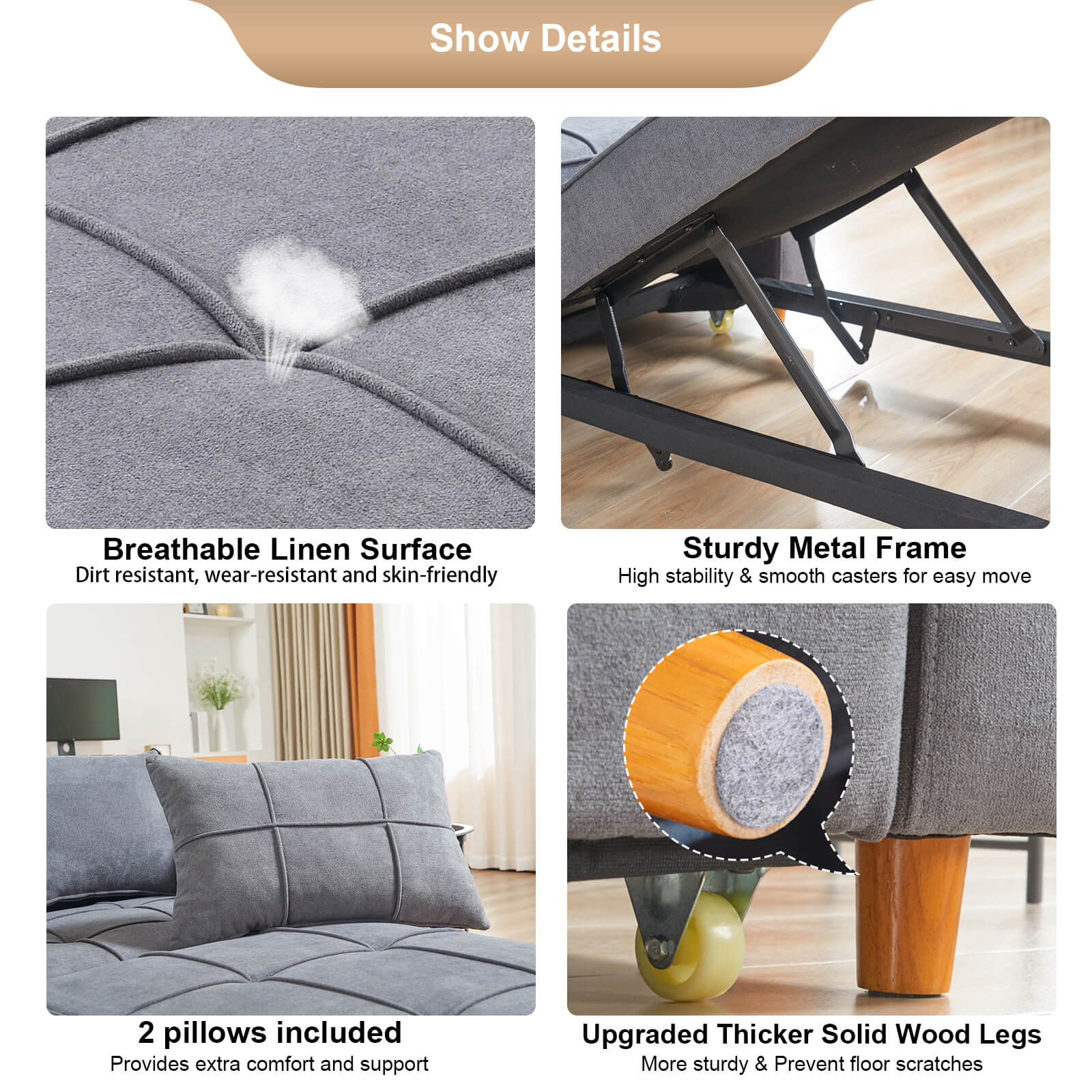 Homrest adjustable living room sofa bed, dark gray