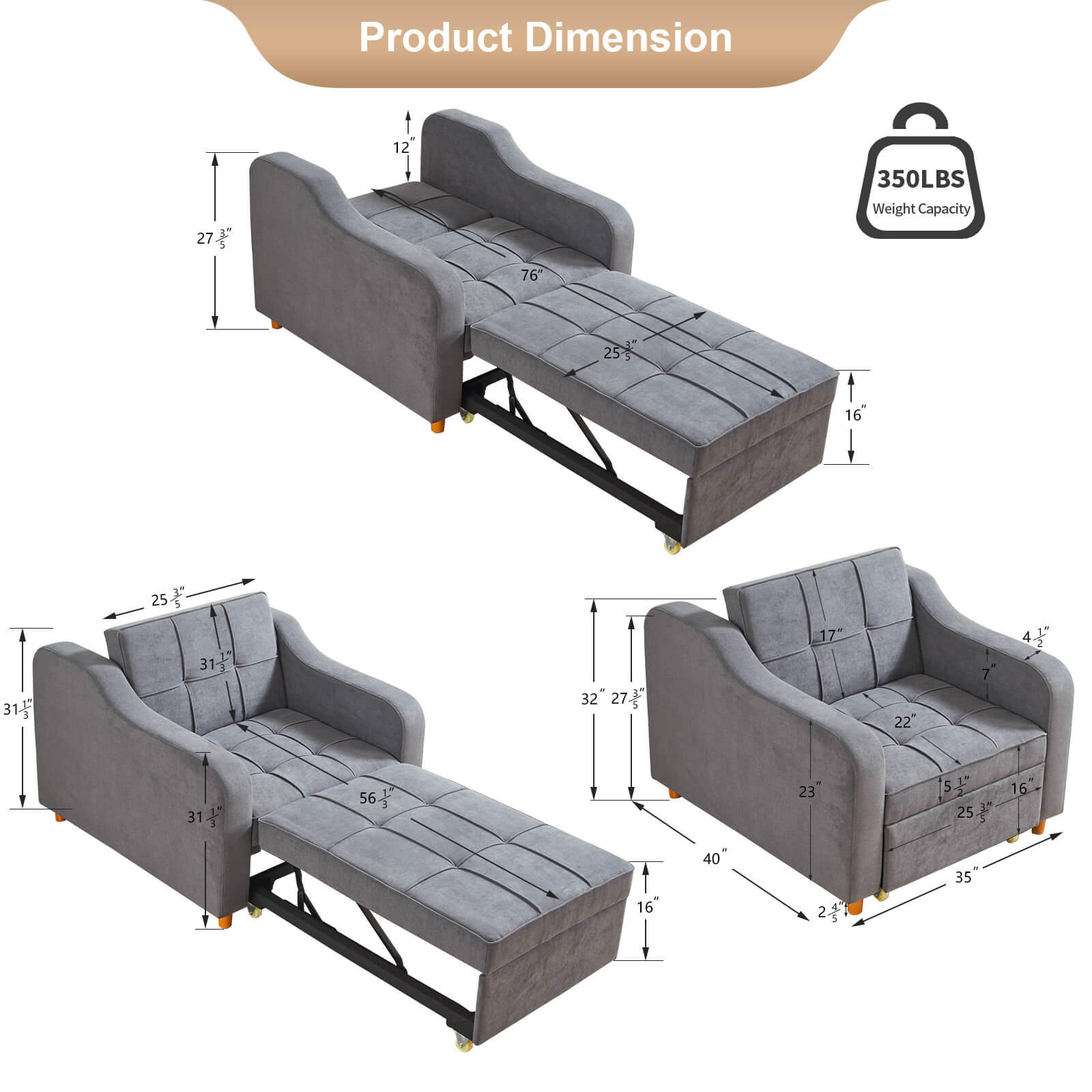 Product dimensions of Homrest living room sofa bed
