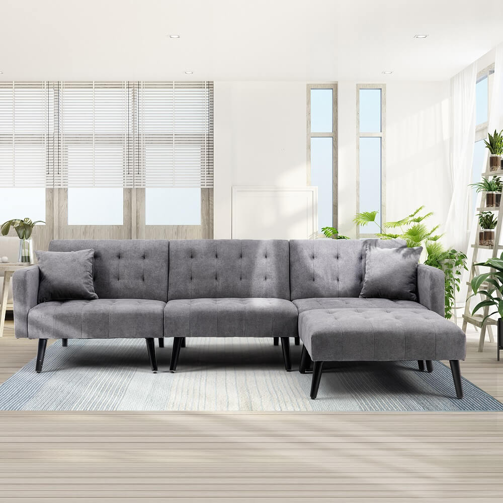 Modern linen sectional convertible sofa bed  for living room. dark gray