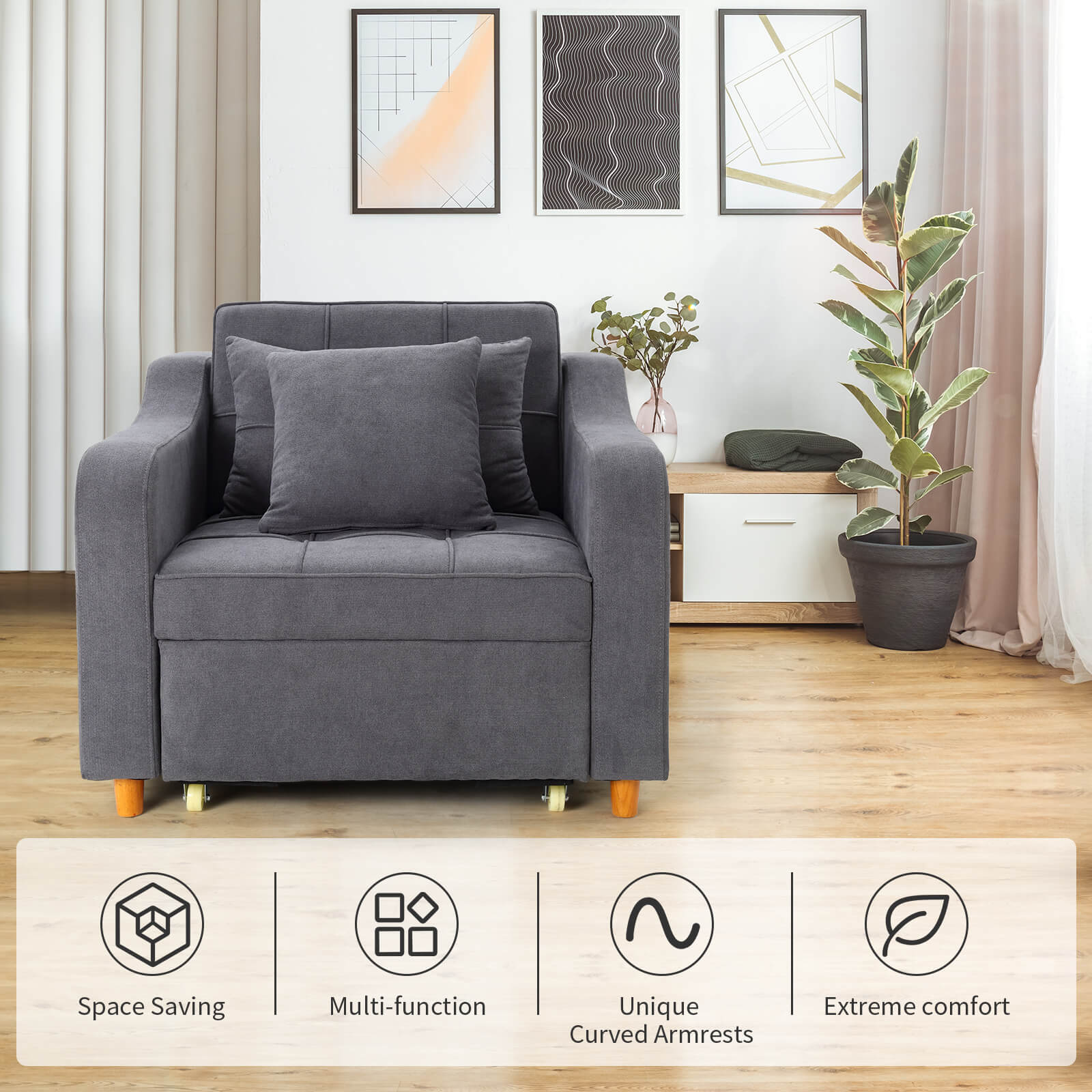 Homrest Sofa Bed 3-in-1 Convertible Chair Multi-Functional Sofa Bed Adjustable Recliner for Living Room (Dark Grey)