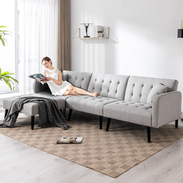 Modern Linen sectional Convertible Sofa Bed L-Shaped Reversible Sleeper Light Grey | Homrest Furniture