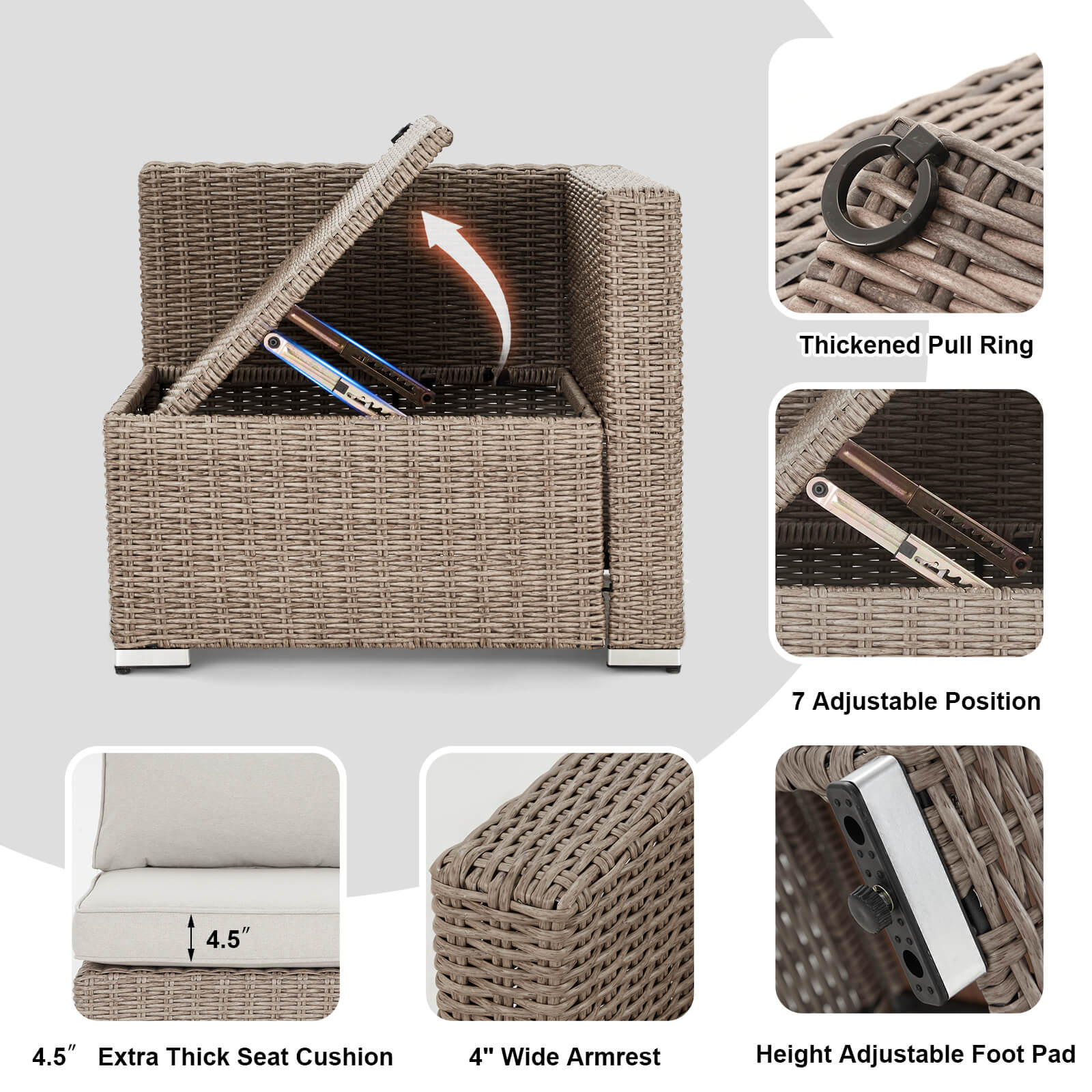 Homrest 7 pieces patio conversation set with thickened pull ring, 7 adjustable position, 4.5'' extra thick seat cushion, 4'' wide armrest and height adjustable foot pad