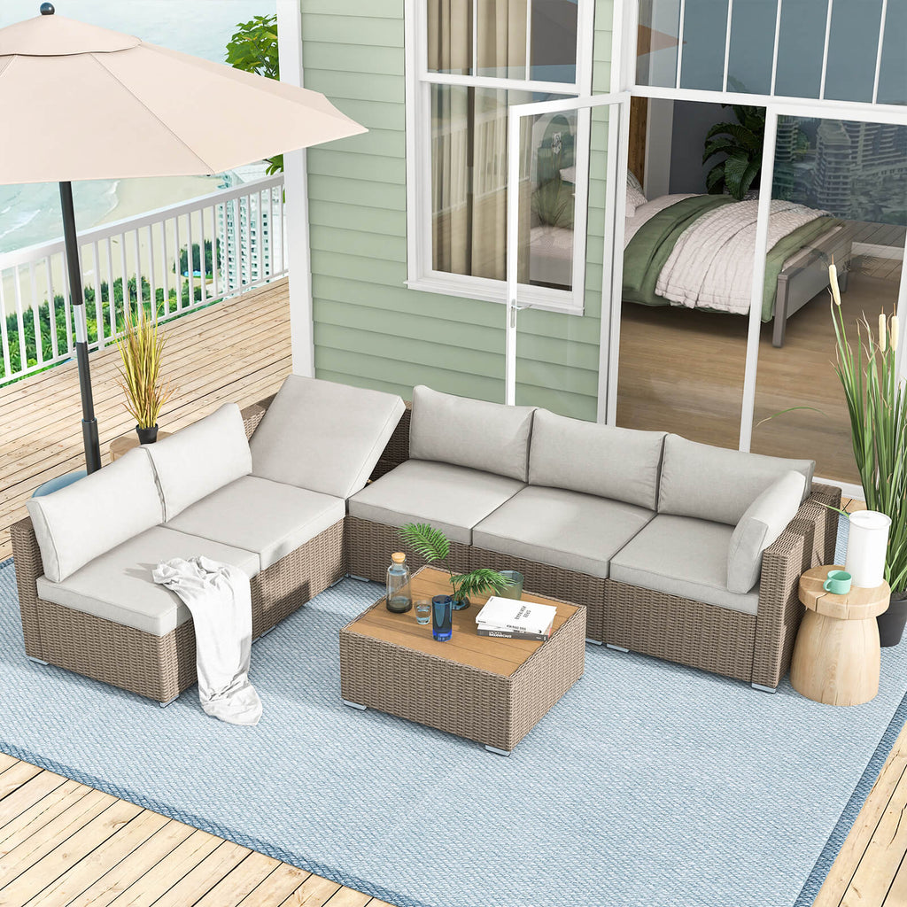 Homrest 7 pieces outdoor rattan sectional sofa with cushions and coffee table, beige