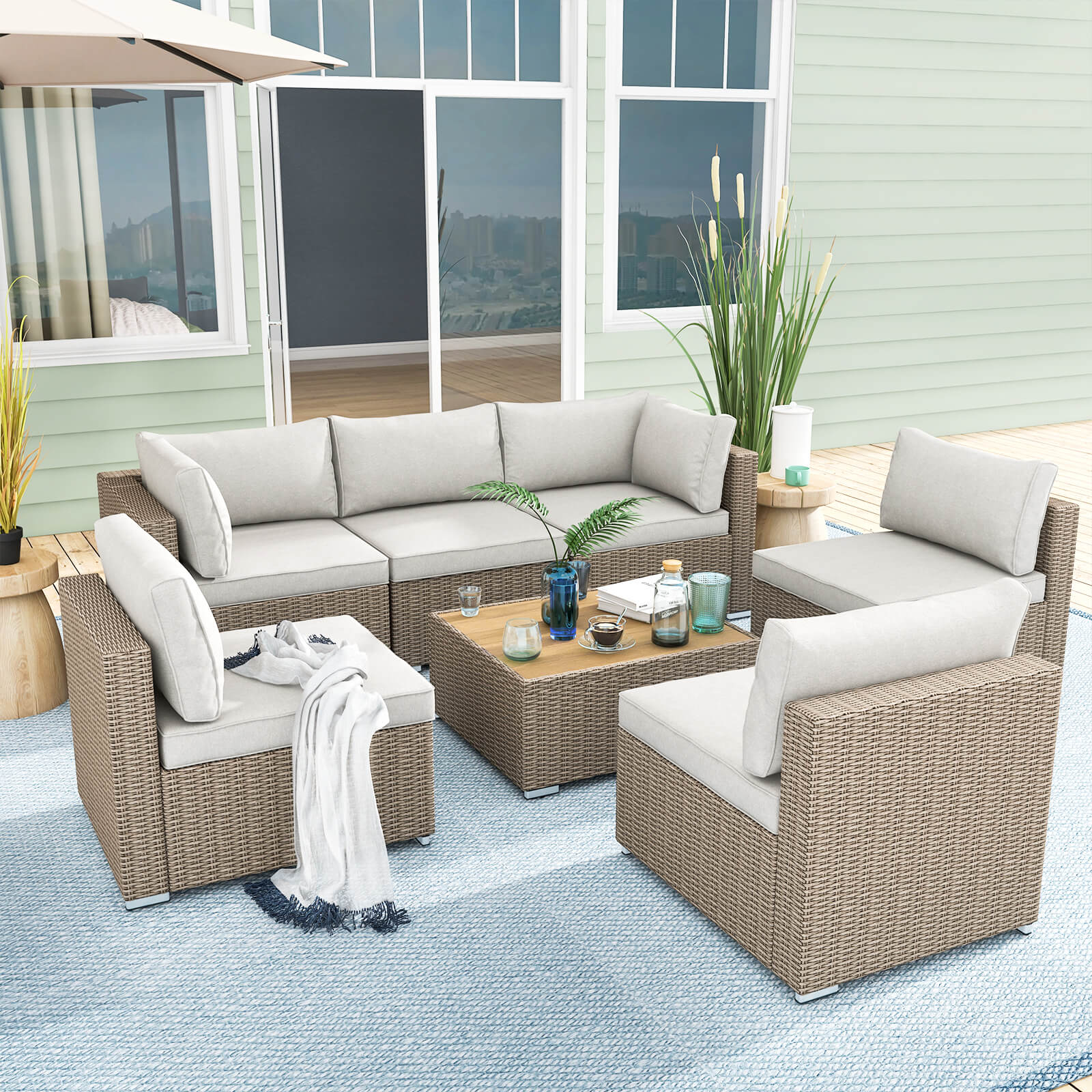 Homrest 7 pieces patio conversation set with cushions and coffee table