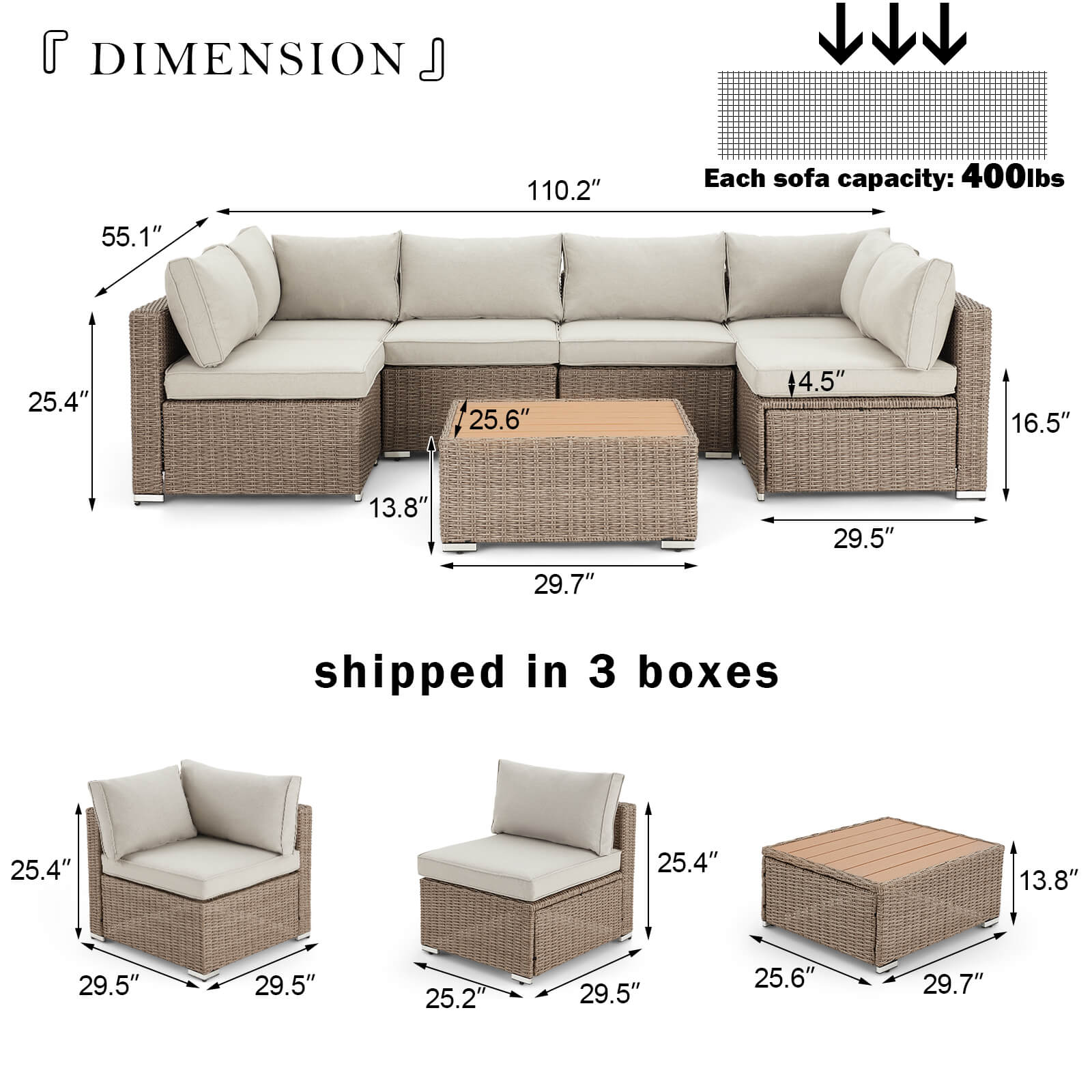 Dimensions of Homrest 7 pieces outdoor sectional sofa set